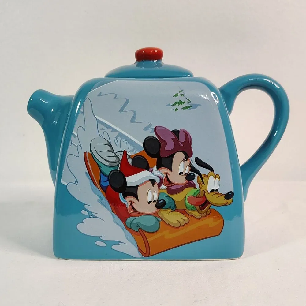 DISNEY Mickey Mouse Mini Ceramic Tea Pot Winter Scene Hot Cocoa Minnie Pluto